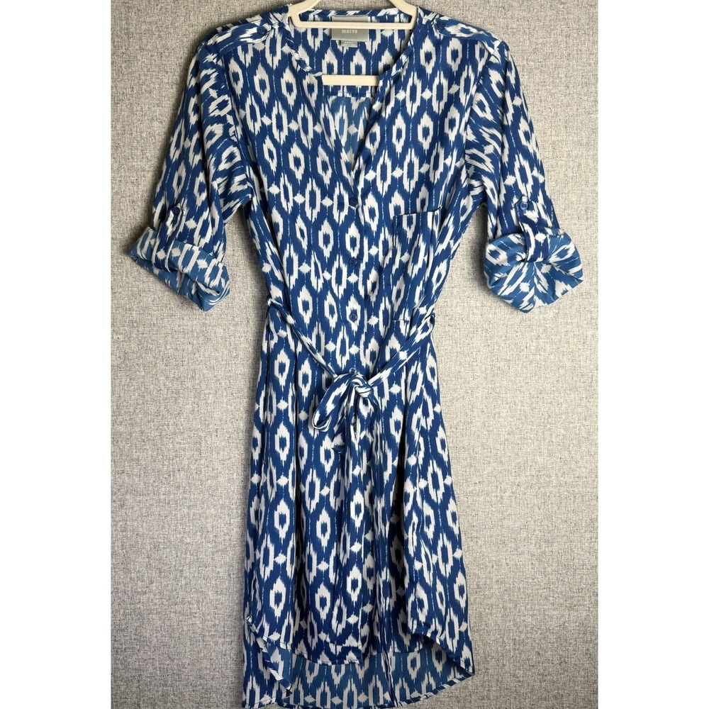 Anthropologie Maeve Women's 3/4 Sleeve Blue White Ikat‎ Midi Shirt Dress SMALL